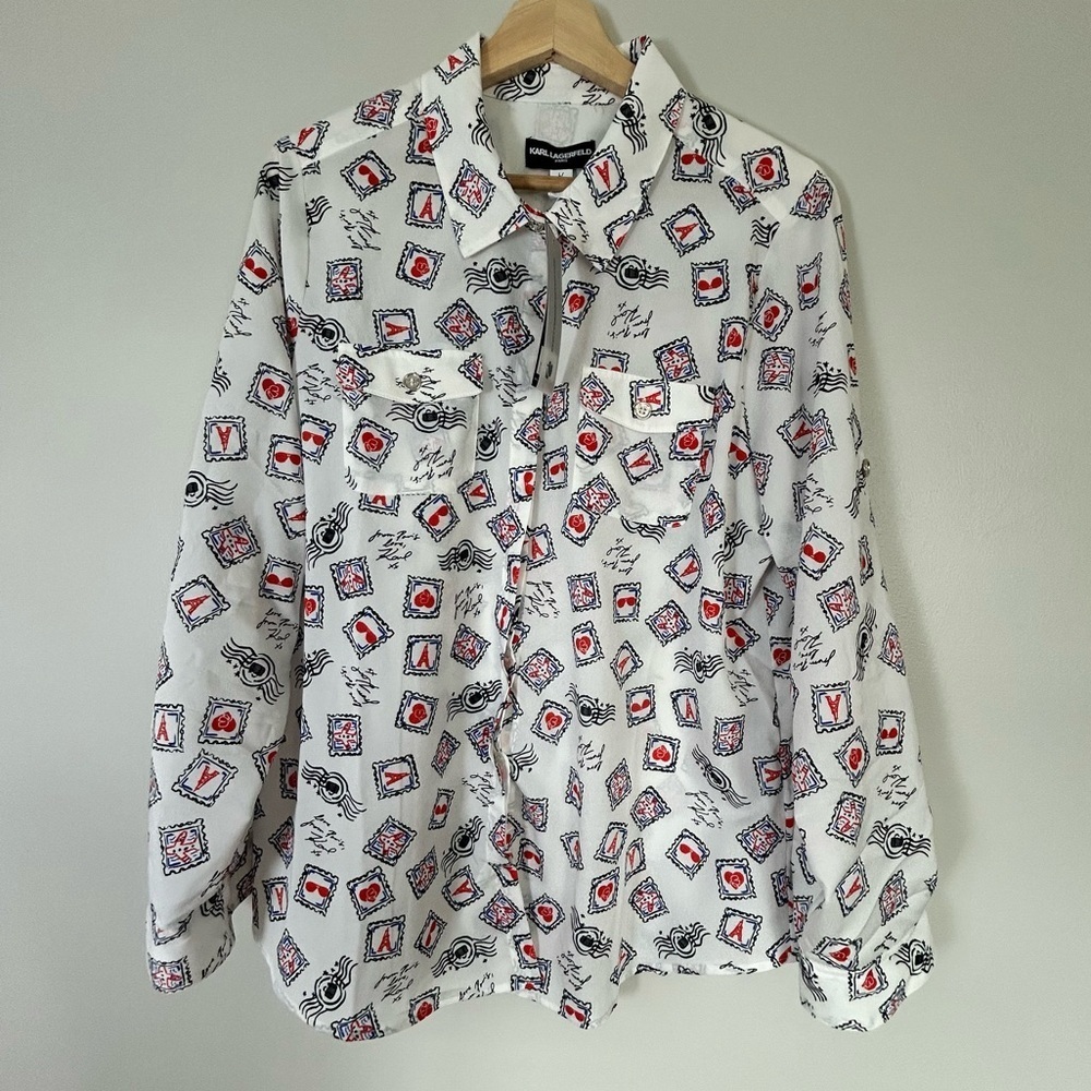 Karl Lagerfeld White Button-Up Shirt with Paris France postcard Print